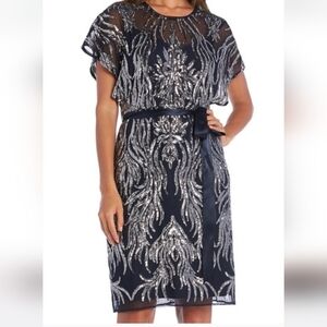 R&M Richards Navy Dress with Silver Sequin Detail and Satin Belt